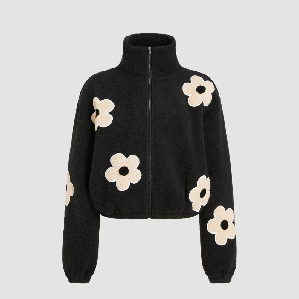 Cider Black Teddy Jacket with Cream Daisy Appliqués